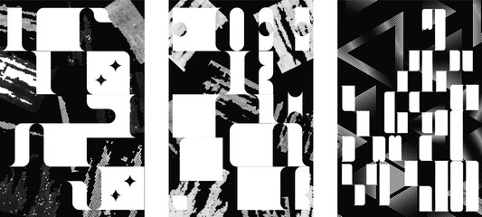 Glitch distorted grungy isolated layers . Design element for brochure, social media, posters, flyers. Overlay texture.Textured banner with Distress effect .Vector halftone dots . Screen print texture