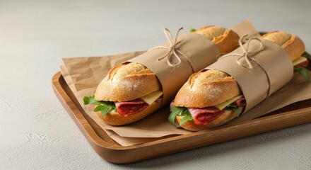 Sandwiches Wrapped in Paper on Wooden Board.