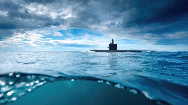 Military Submarine Sailing on Ocean Surface Under Dramatic Cloudy Sky