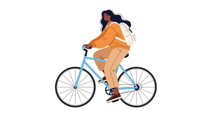 Obraz premium Woman riding a bicycle with a backpack on a plain white background from a side view