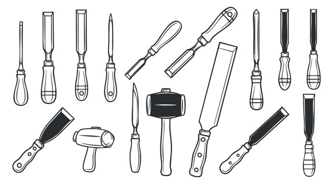 A collection of woodworking tools including chisels, screwdrivers, and a mallet in black and white outline vector style, ideal for carpentry projects and DIY crafts