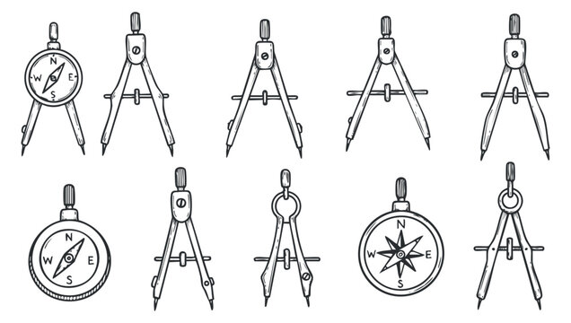 A collection of compasses and drawing tools in black and white outline vector style, ideal for educational and technical design projects