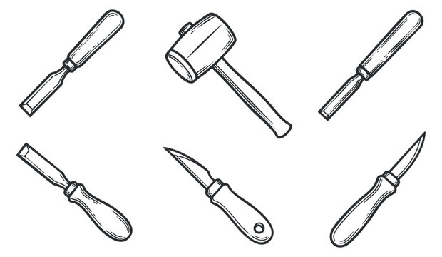 A collection of woodworking tools including a mallet and various knives in black and white outline vector style, perfect for carpentry projects