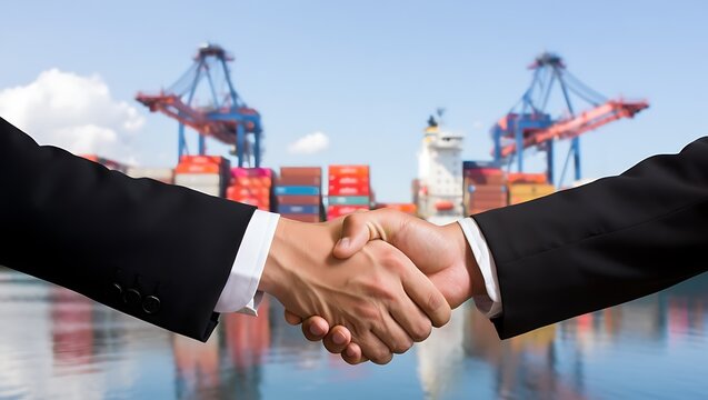 Two businesspeople shaking hands in front of a busy shipping port with cargo containers and cranes, symbolizing global trade and logistics.