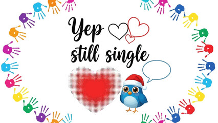 A cartoon blue bird wearing a Santa hat stands beside a red heart surrounded by colorful handprints