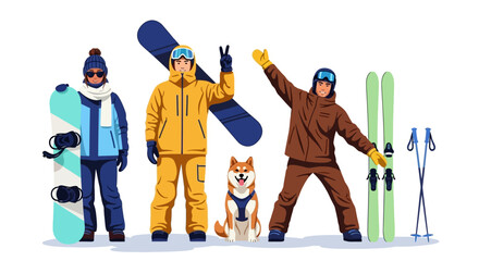 Three snowboarders and a skier stand together with their equipment and a dog in a winter landscape viewed from the front © Steven