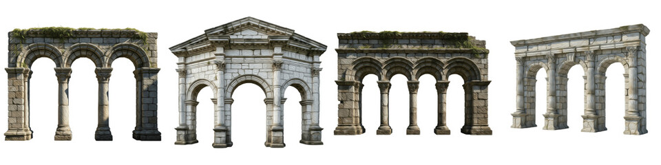 Obraz premium Ancient Roman Stone Arches and Temple Ruins Isolated on White Background PNG