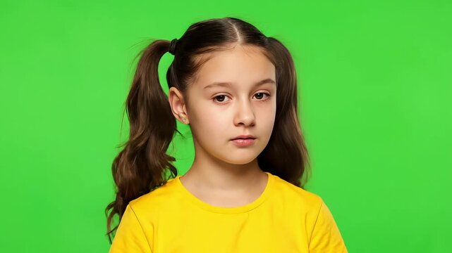 Surprised young girl with pigtails looking shocked against green background