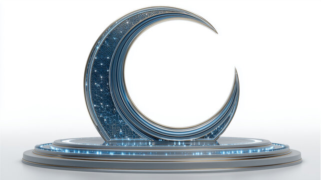 A futuristic crescent moon with intricate blue patterns and silver trim sits atop a tiered, illuminated circular platform on white background.