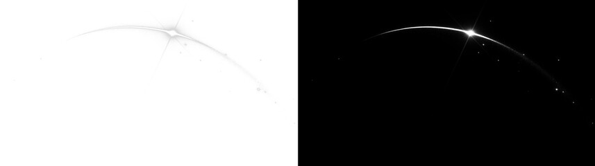 Silver glitter shooting star trails, sparkling comet dust arcs with starburst, transparent PNG © SERHII