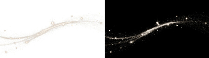 Gold and silver glitter wave trails, sparkling stardust arcs with twinkle stars, transparent PNG