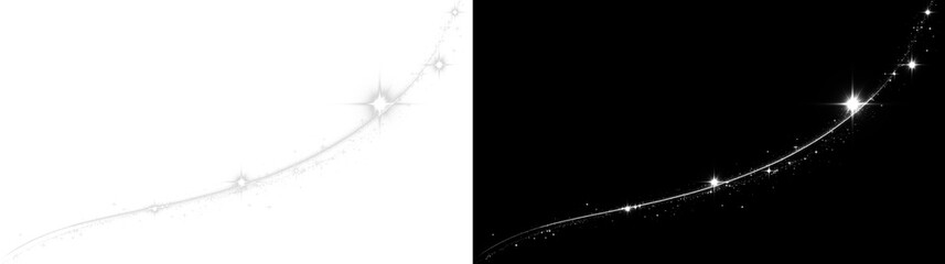 ilver glitter shooting star trails, sparkling comet dust arcs with starburst on black background © SERHII