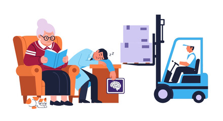 Elderly woman relaxing on couch while a man operates a forklift in the background, illustrating a contrast between leisure and work © Steven