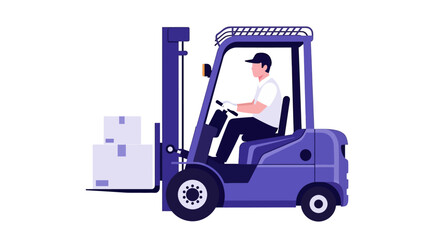 Illustration of a man operating a forklift with stacked boxes in a warehouse setting viewed from the side