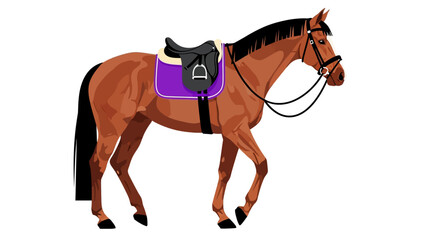 A brown horse with a purple saddle walking on a white background, viewed from the side, showcasing its saddled illustration in a simple style