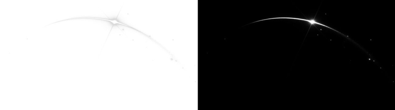 Silver glitter shooting star trails, sparkling comet dust arcs with starburst, transparent PNG