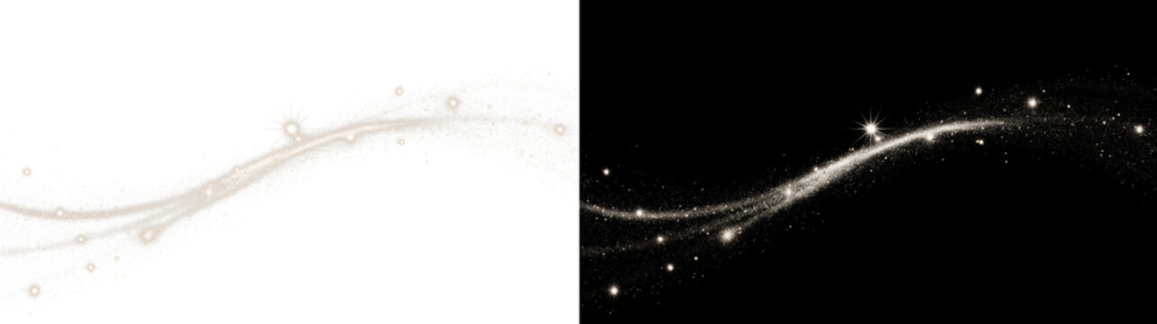 Gold and silver glitter wave trails, sparkling stardust arcs with twinkle stars, transparent PNG