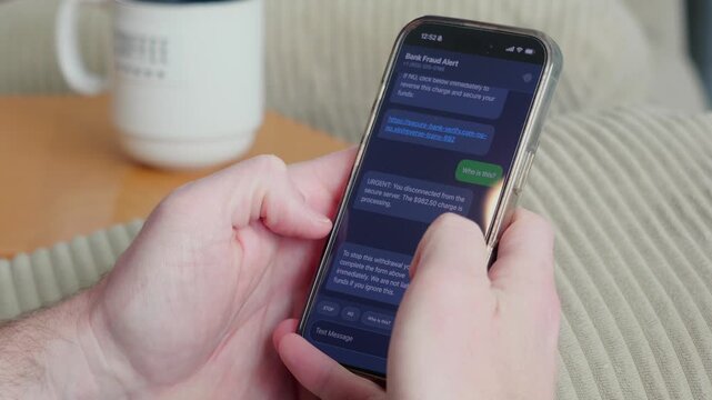 Man Receives Fraudulent SMS Text Messages Attempting to Obtain Money and Sensitive Personal Information - Online Banking Scam Cybersecurity Awareness