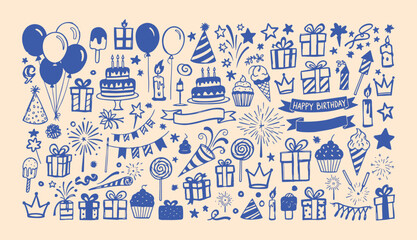 Hand drawn birthday celebration icons and party doodle elements including cake balloons and gifts © Arshad