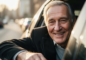 Smiling elderly European man leaning out of a car window in warm sunlight, blurred city bokeh background, joyful nostalgic road trip mood