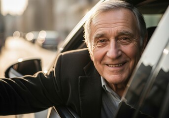 Smiling elderly European man leaning out of a car window in warm sunlight, blurred city bokeh background, joyful nostalgic road trip mood