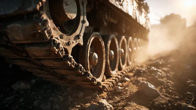 Heavy Machinery Tracks Moving Through Dusty Terrain