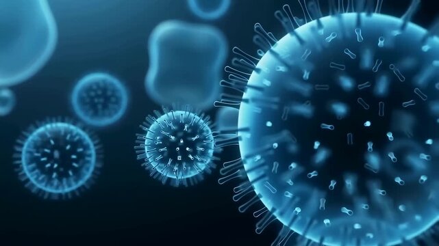 Close-up of microscopic viruses in a digital environment. Visualization of pathogens for educational and scientific purposes