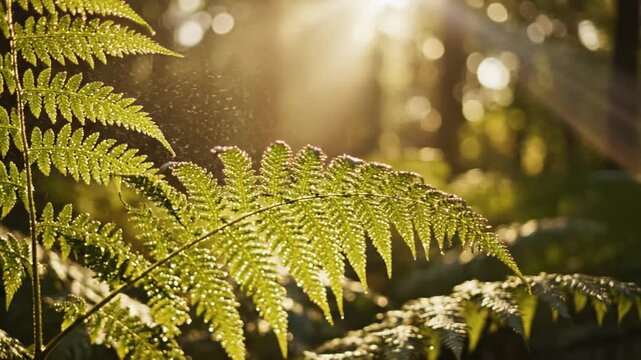 A close-up of a fern with water droplets, bathed in sunlight. Background shows soft bokeh forest