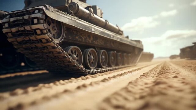 Heavy Machinery Tracks Moving Through Dusty Terrain