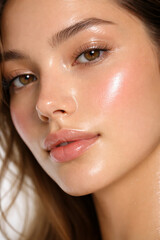 Close-up of a beautiful young woman with glowing skin