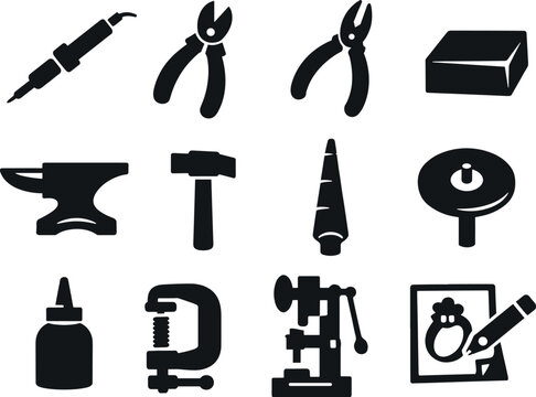  Solid vector icons of crafting and repair: soldering iron, wire cutter, pliers, bench block, anvil, hammer,