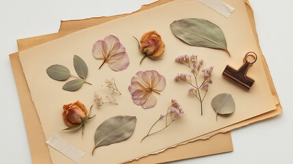 Muted Flat Lay with Dried Flowers, Leaves, and Vintage Paper on White Background - Botanical Aesthetic