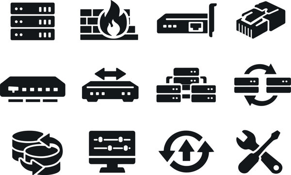 Solid vector icons of enterprise firewall infrastructure: server rack, appliance, interface, connector, network