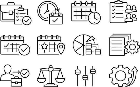 Line style vector icons of work schedule icons: work, shift, hours, roster; availability, booking, allocation,