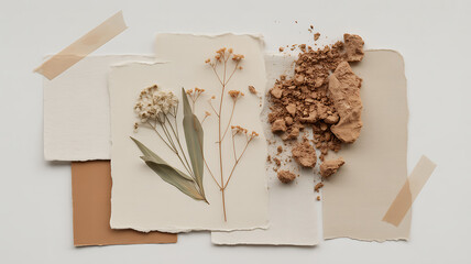 Earthy Flat Lay with Dried Botanicals, Textured Paper, and Crumbled Material