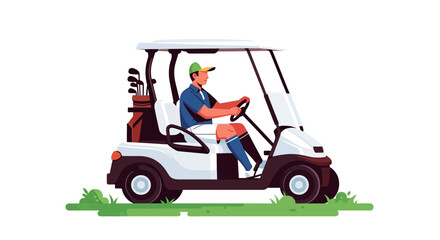 Man driving golf cart on green grass with golf clubs in the back, outdoors, daytime © John