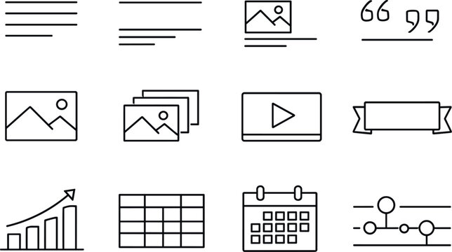 Line style icons of content placeholder design: paragraph, headline, caption, quote; photo, gallery, video,