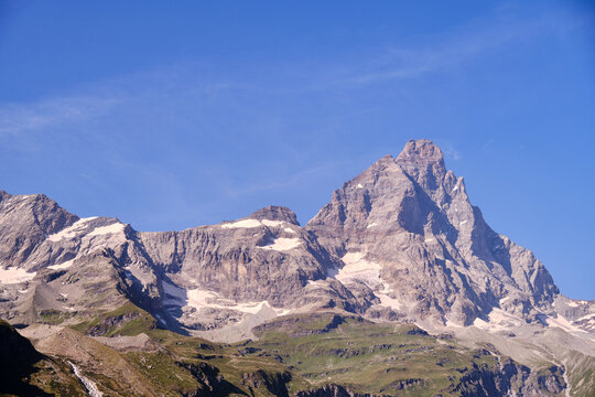 South face of the Matterhorn, an iconic mountain in the Alps.