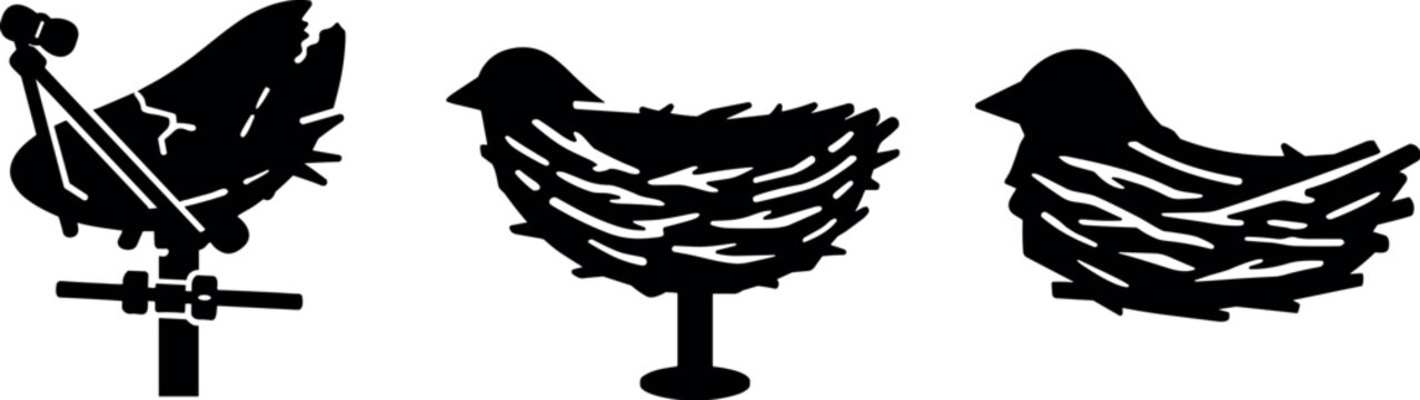 Solid vector icons of abandoned dish&ndash;bird hybrids: rusty parabolic frame, giant bird nest cradle, layered twig