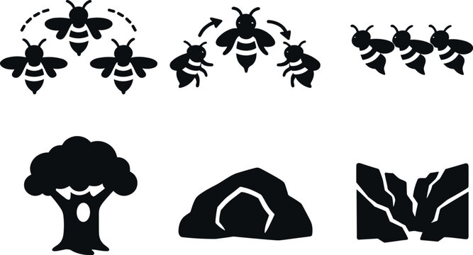 Solid style icons of bee swarm decision-making: scout bees, waggle dance bees, following bees, potential nest