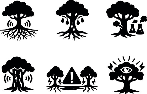  Solid style icons of tree response via mycelial alerts: activated root zones, increased resin flow, defensive
