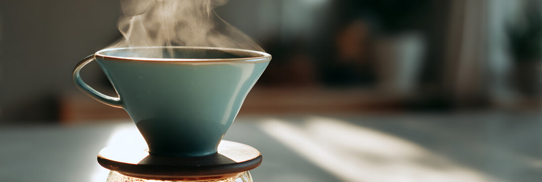 Teal Ceramic Pour Over Coffee Dripper with Rising Steam on Wooden Base for Artisan Coffee Brewing and Cafe Kitchen Morning Ritual Photography