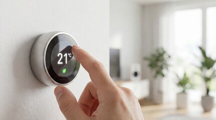 Hand adjusting smart thermostat to 21 degrees Celsius in modern living room