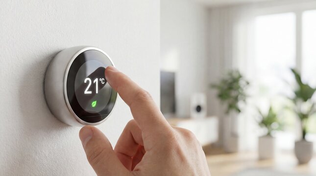 Hand adjusting smart thermostat to 21 degrees Celsius in modern living room