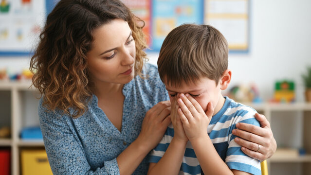 Teacher comforting crying student in classroom with colorful educational materials. Teacher provides emotional support to distressed child during learning process.