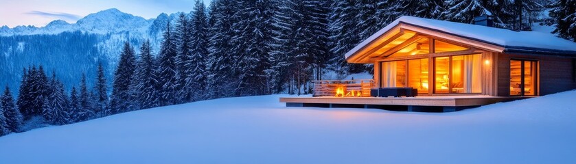 Fototapeta premium Cozy cabin glows with warm light against a snowy mountain backdrop of evergreen trees and twilight sky. Cozy cabin, winter wonderland