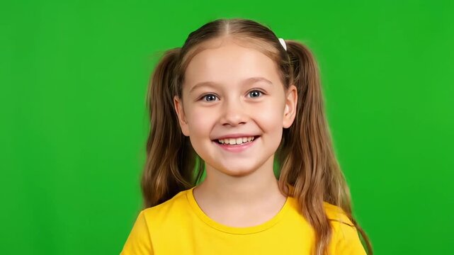 Happy young girl smiling with pigtails against green background