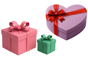 Obraz premium heart lavender gift box with red ribbon, pink square present with bow, green mini package, colorful celebration boxes for birthday, anniversary, valentine, party 