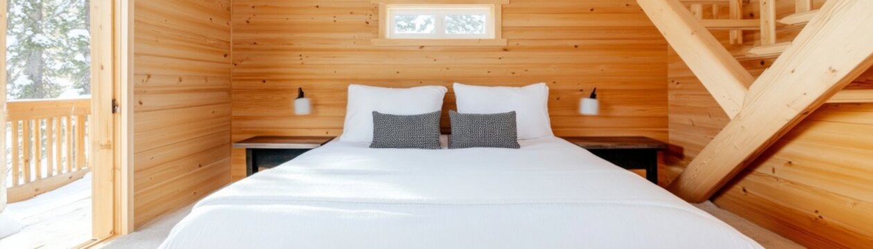 Cozy Log Cabin Bedroom with a View of Nature, featuring a central bed and minimalist decor. Cozy, Rustic, Cabin, Bedroom, Nature, Winter