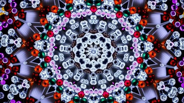 Colorful kaleidoscope pattern with sparkling gems and intricate designs. A mesmerizing visual experience for art, design, and relaxation
